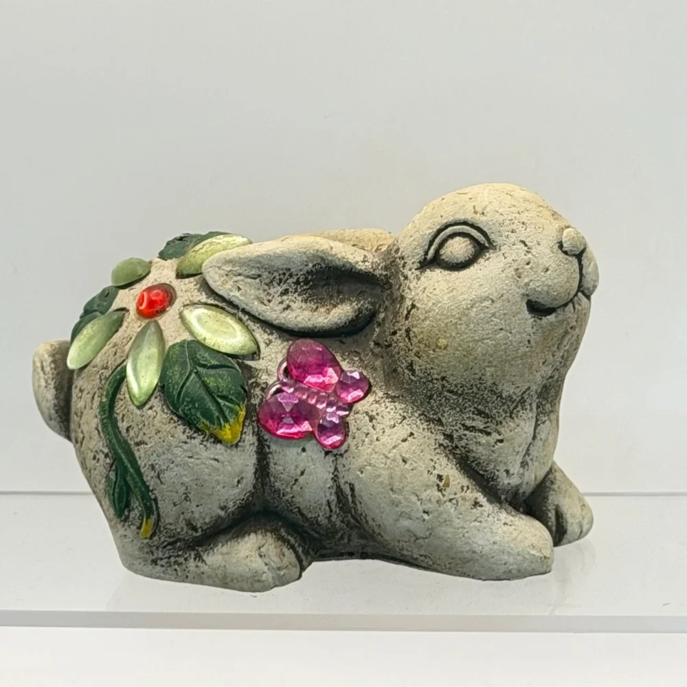Garden Bunny Rabbit Figurine Stone Look Pink Butterfly Flower Easter Decor 5.5in